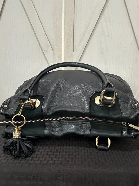 B. Makowsky Y2K Black Pebbled Leather Satchel Shoulder Bag Leopard Lining - Picture 5 of 9